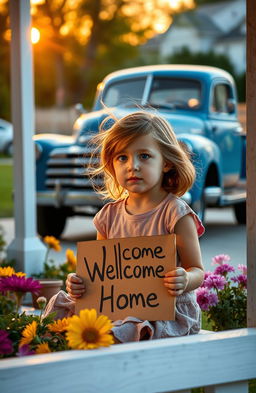 A poignant scene capturing a young girl sitting on a front porch, looking contemplative and hopeful as she waits for her father to return home from the war