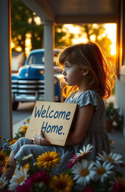 A poignant scene capturing a young girl sitting on a front porch, looking contemplative and hopeful as she waits for her father to return home from the war