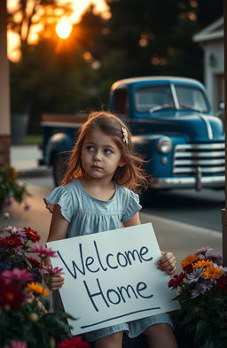 A poignant scene capturing a young girl sitting on a front porch, looking contemplative and hopeful as she waits for her father to return home from the war