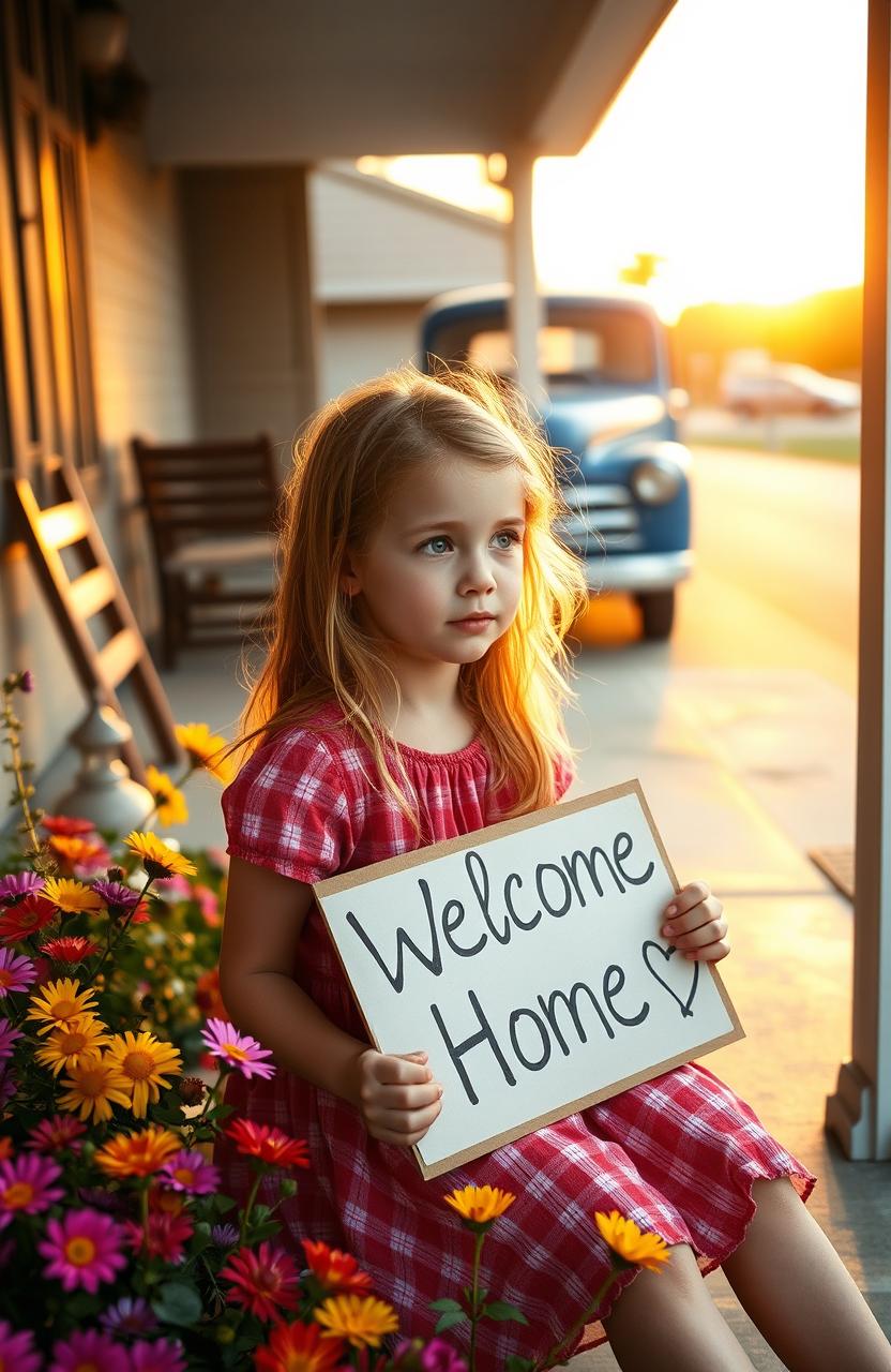 A poignant scene capturing a young girl sitting on a front porch, looking contemplative and hopeful as she waits for her father to return home from the war