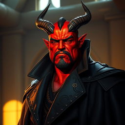 A big, powerful male Qunari with striking red skin, wearing a dark leather coat that flows dramatically around him