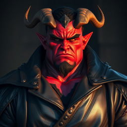 A big, powerful male Qunari with striking red skin, wearing a dark leather coat that flows dramatically around him