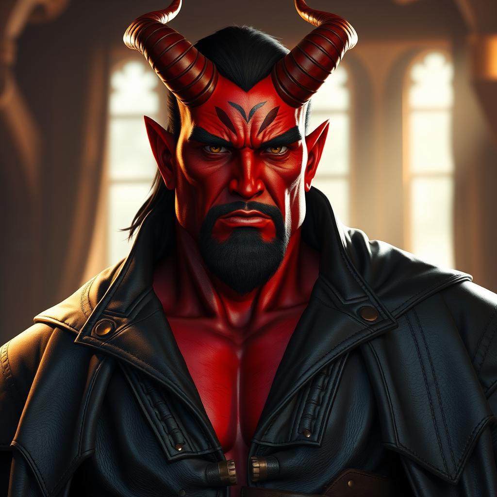 A big, powerful male Qunari with striking red skin, wearing a dark leather coat that flows dramatically around him