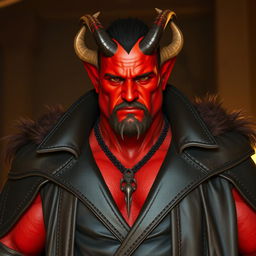 A big, powerful male Qunari with striking red skin, wearing a dark leather coat that flows dramatically around him