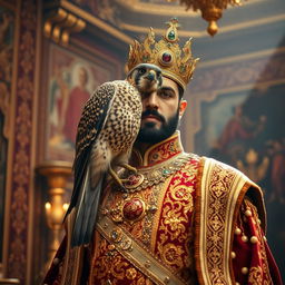 A beautiful Shahin falcon perched on the shoulder of an Iranian king, adorned in splendid royal robes with intricate designs and a jeweled crown