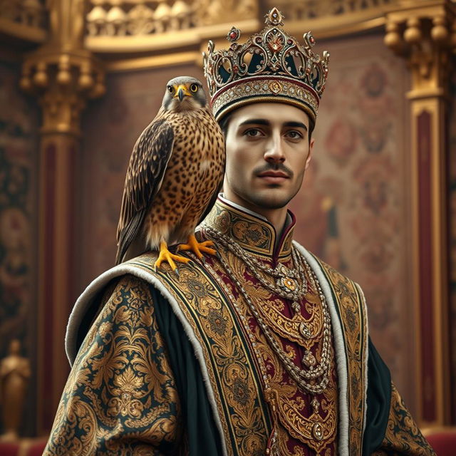 A beautiful Shahin falcon perched on the shoulder of an Iranian king, adorned in splendid royal robes with intricate designs and a jeweled crown