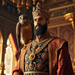 A beautiful Shahin falcon perched on the shoulder of an Iranian king, adorned in splendid royal robes with intricate designs and a jeweled crown