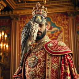 A beautiful Shahin falcon perched on the shoulder of an Iranian king, adorned in splendid royal robes with intricate designs and a jeweled crown