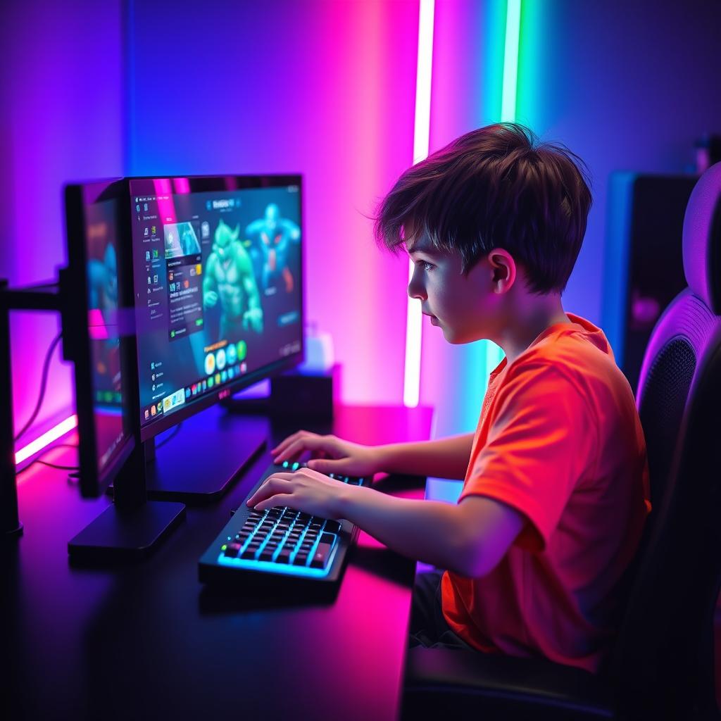 A young boy sitting at a computer desk, focused on the screen, with an RGB lighting background that creates a vibrant atmosphere