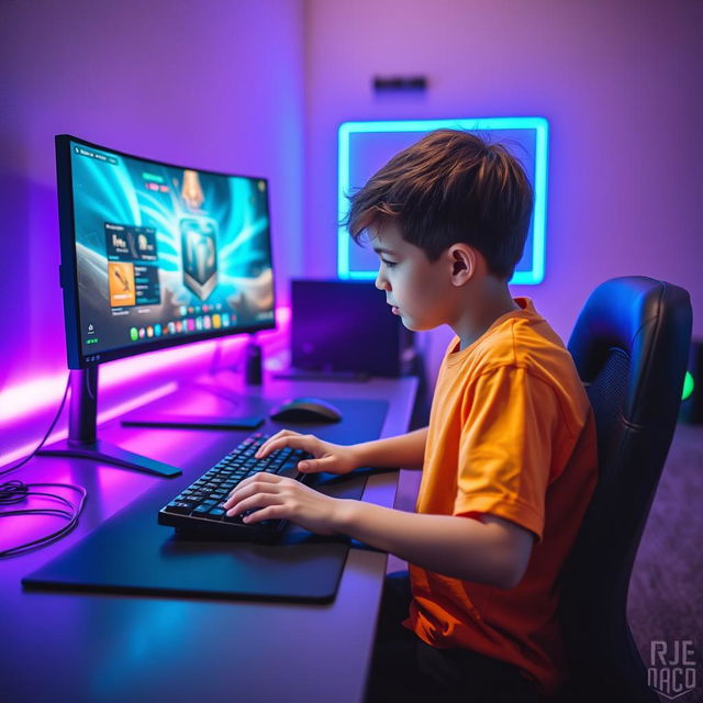 A young boy sitting at a computer desk, focused on the screen, with an RGB lighting background that creates a vibrant atmosphere