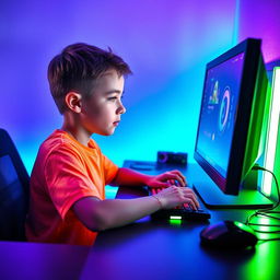 A young boy sitting at a computer desk, focused on the screen, with an RGB lighting background that creates a vibrant atmosphere