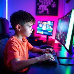 A young boy sitting at a computer desk, focused on the screen, with an RGB lighting background that creates a vibrant atmosphere