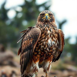 A beautiful hawk with its feathers plucked, its body covered in dirt and grime