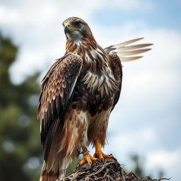 A beautiful hawk with its feathers plucked, its body covered in dirt and grime