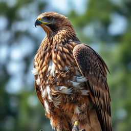 A beautiful hawk with its feathers plucked, its body covered in dirt and grime