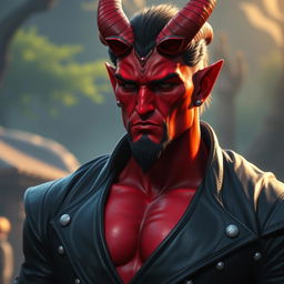 A big, imposing male Qunari with vibrant red skin, wearing a sleek dark leather coat that billows slightly, hinting at movement