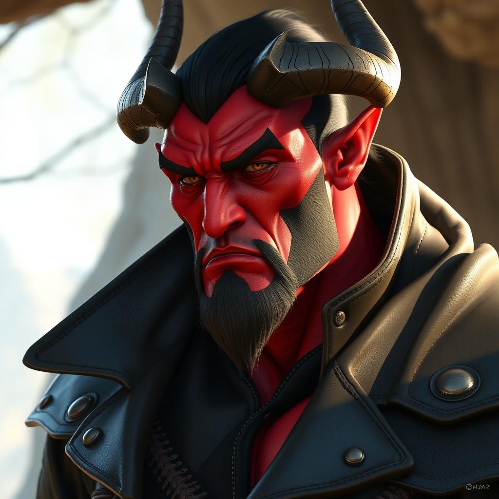 A big, imposing male Qunari with vibrant red skin, wearing a sleek dark leather coat that billows slightly, hinting at movement
