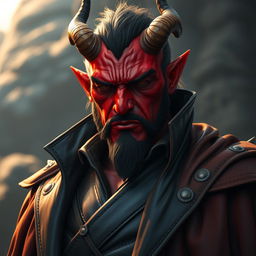 A big, imposing male Qunari with vibrant red skin, wearing a sleek dark leather coat that billows slightly, hinting at movement