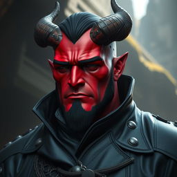 A big, imposing male Qunari with vibrant red skin, wearing a sleek dark leather coat that billows slightly, hinting at movement