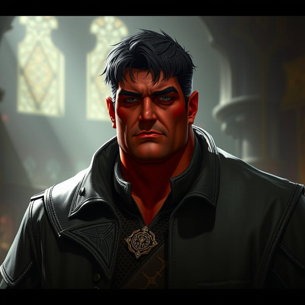 A big, red-skinned male Qunari character wearing a dark leather coat