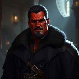 A big, red-skinned male Qunari character wearing a dark leather coat