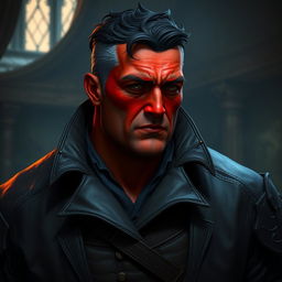 A big, red-skinned male Qunari character wearing a dark leather coat