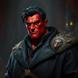 A big, red-skinned male Qunari character wearing a dark leather coat