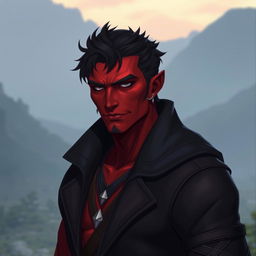 A big red-skinned male Qunari character, featuring short dark hair and a peaceful expression
