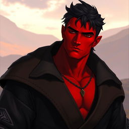 A big red-skinned male Qunari character, featuring short dark hair and a peaceful expression