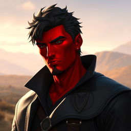 A big red-skinned male Qunari character, featuring short dark hair and a peaceful expression