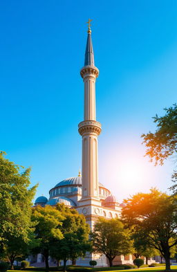 An artistic depiction of a tall and elegant mosque minaret rising against a clear blue sky, showcasing intricate architectural details and decorative elements