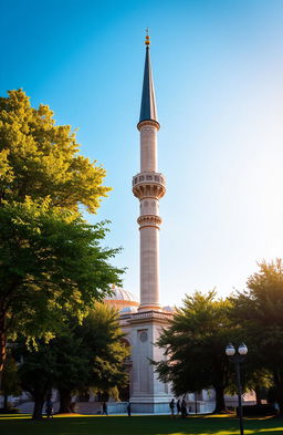 An artistic depiction of a tall and elegant mosque minaret rising against a clear blue sky, showcasing intricate architectural details and decorative elements