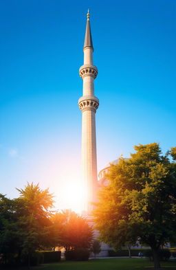 An artistic depiction of a tall and elegant mosque minaret rising against a clear blue sky, showcasing intricate architectural details and decorative elements