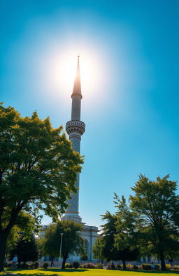 An artistic depiction of a tall and elegant mosque minaret rising against a clear blue sky, showcasing intricate architectural details and decorative elements