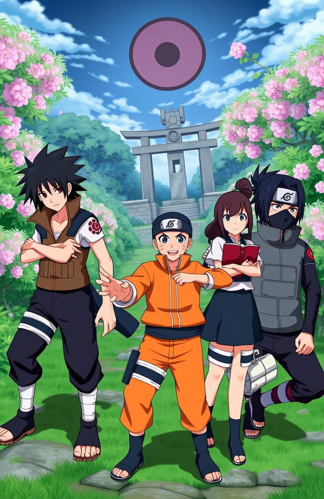 A dynamic depiction of Sasuke, Naruto, Hinata, and Kakashi as a formidable ninja team in the lush Hidden Leaf Village