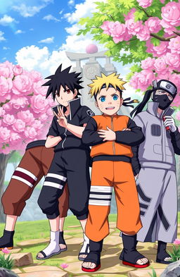 A dynamic depiction of Sasuke, Naruto, Hinata, and Kakashi as a formidable ninja team in the lush Hidden Leaf Village