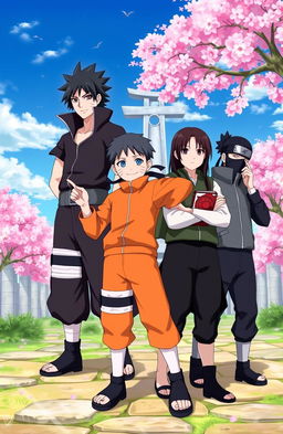 A dynamic depiction of Sasuke, Naruto, Hinata, and Kakashi as a formidable ninja team in the lush Hidden Leaf Village