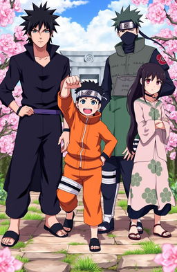 A dynamic depiction of Sasuke, Naruto, Hinata, and Kakashi as a formidable ninja team in the lush Hidden Leaf Village