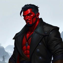 A big male Qunari with vibrant red skin, wearing a stylish dark leather coat