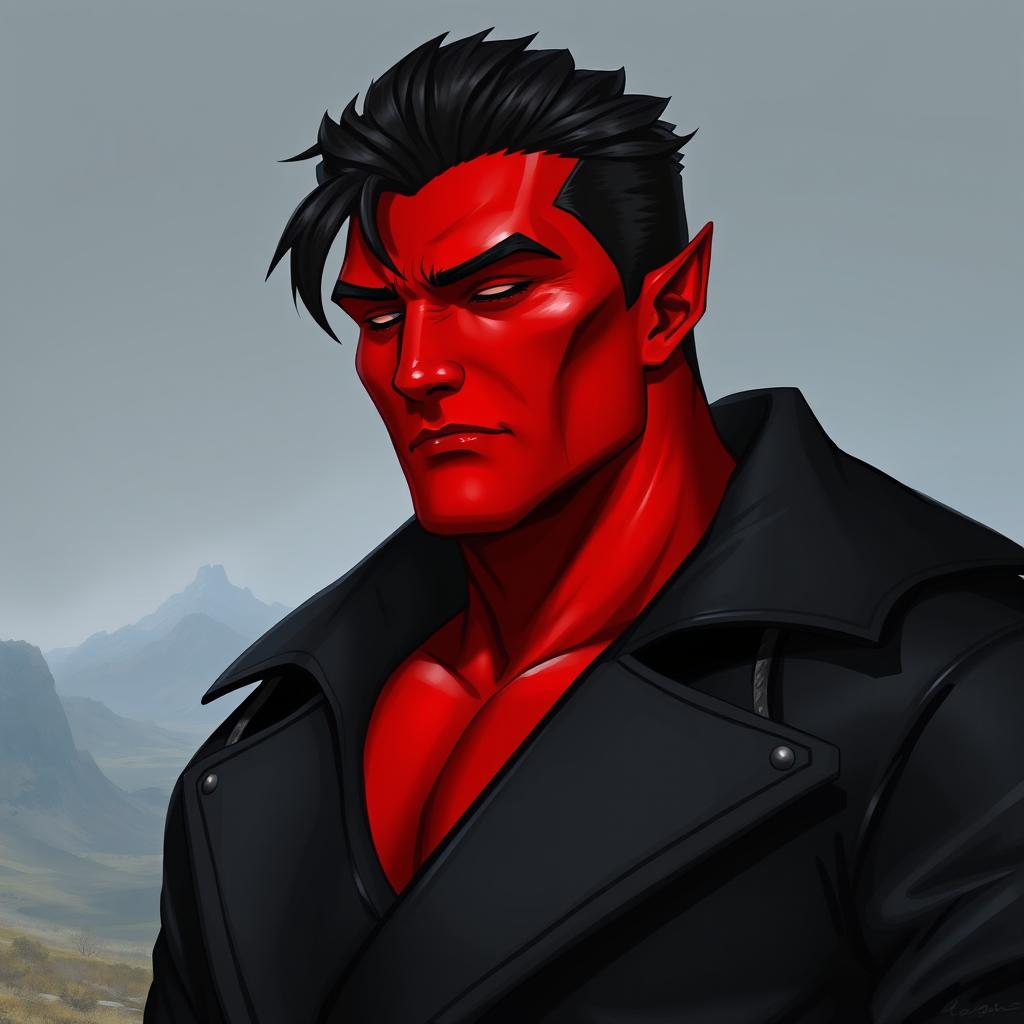 A big male Qunari with vibrant red skin, wearing a stylish dark leather coat