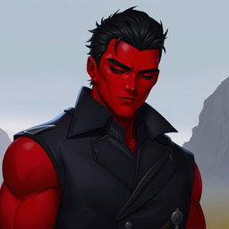 A big male Qunari with vibrant red skin, wearing a stylish dark leather coat