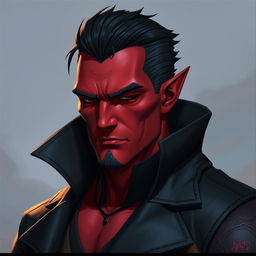 A big male Qunari with vibrant red skin, wearing a stylish dark leather coat