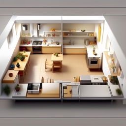 Design a detailed floor plan for a functional and modern kitchen area measuring 19.5 feet by 12.5 feet, suited for two friends in their 30s. It should have double cooking stations and a cozy eating space.