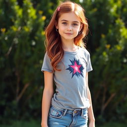 A slender girl with striking red and brown hair, styled in loose waves, wearing casual clothing that consists of a comfortable, fitted graphic t-shirt and distressed denim jeans