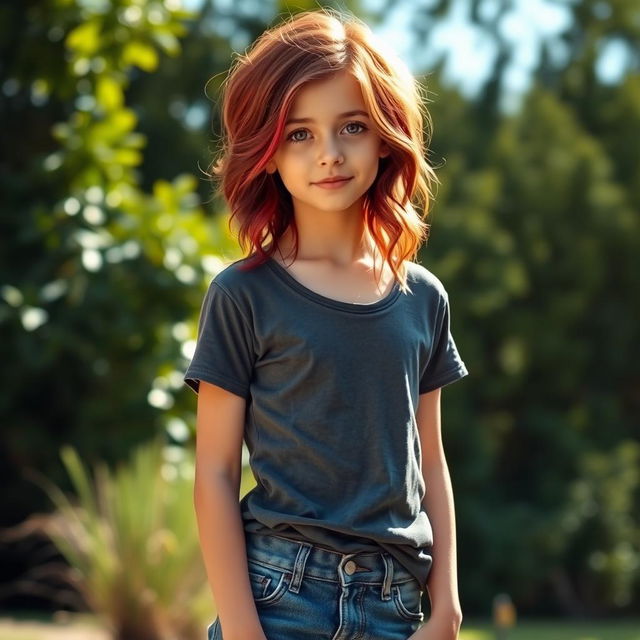 A slender girl with striking red and brown hair, styled in loose waves, wearing casual clothing that consists of a comfortable, fitted graphic t-shirt and distressed denim jeans