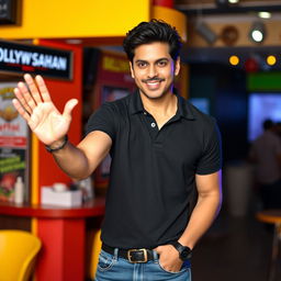 A charismatic man striking an iconic pose reminiscent of Shahrukh Khan, his hand outstretched dramatically