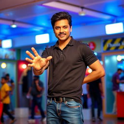 A charismatic man striking an iconic pose reminiscent of Shahrukh Khan, his hand outstretched dramatically