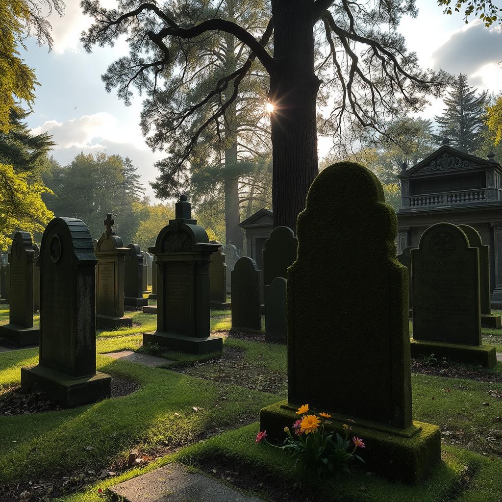 A serene and atmospheric cemetery scene, featuring ancient gravestones covered with moss, surrounded by lush greenery and tall trees