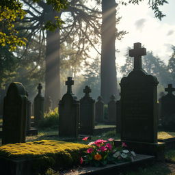 A serene and atmospheric cemetery scene, featuring ancient gravestones covered with moss, surrounded by lush greenery and tall trees