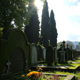 A serene and atmospheric cemetery scene, featuring ancient gravestones covered with moss, surrounded by lush greenery and tall trees